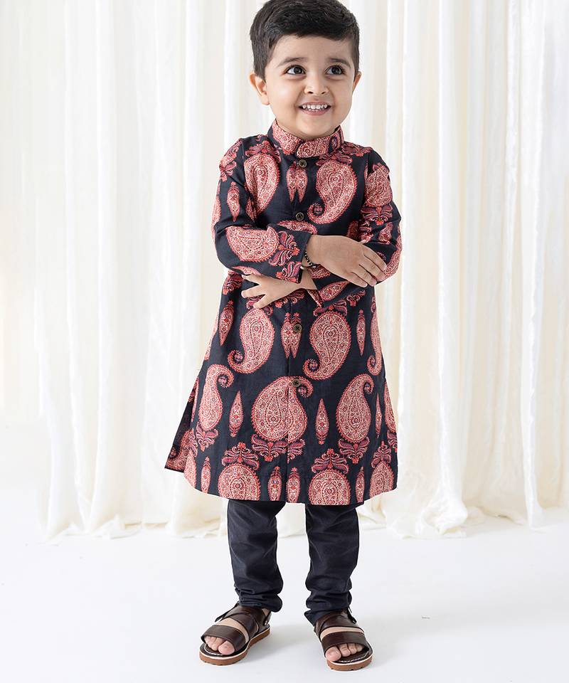 Black floral printed cotton kurta set