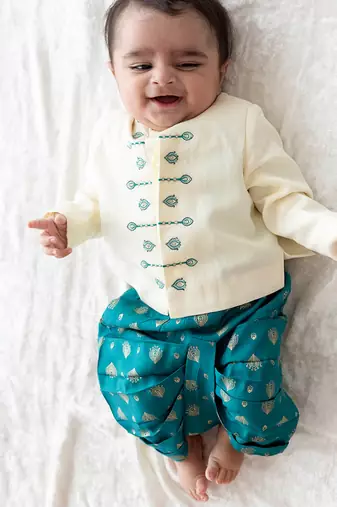 Cream embroidered viscose  bandhgala Set