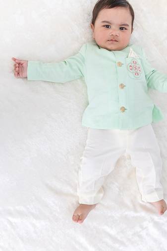 Green plain viscose bandhgala Set