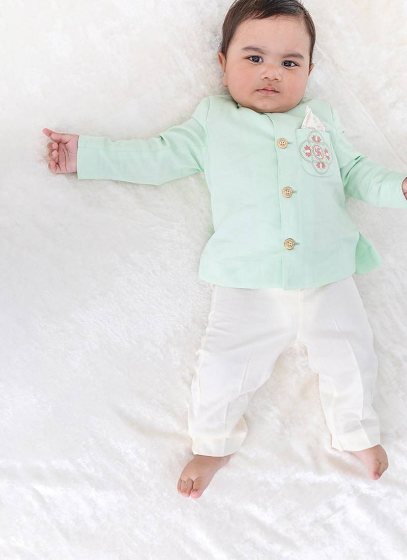 Green plain viscose bandhgala Set
