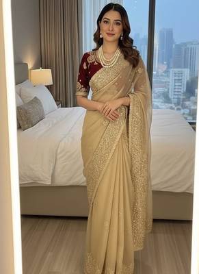 Cream Color embroidery And  sequence Work Satin Saree 1