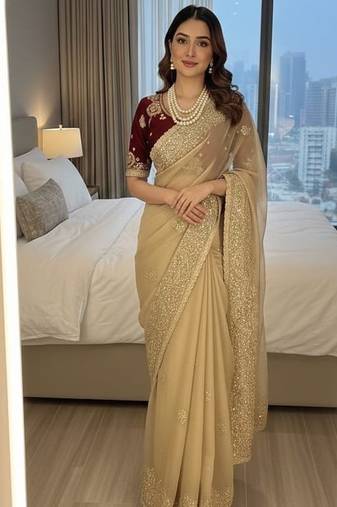 Cream Color embroidery And  sequence Work Satin Saree