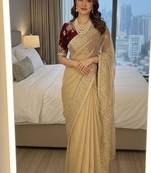 Cream Color embroidery And  sequence Work Satin Saree