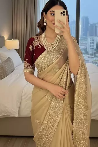 Cream Color embroidery And  sequence Work Satin Saree