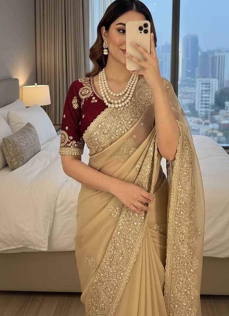 Cream Color embroidery And  sequence Work Satin Saree