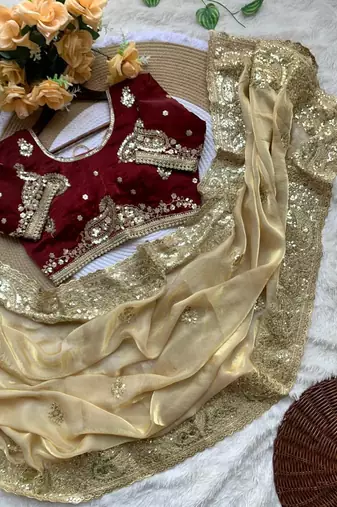 Cream Color embroidery And  sequence Work Satin Saree