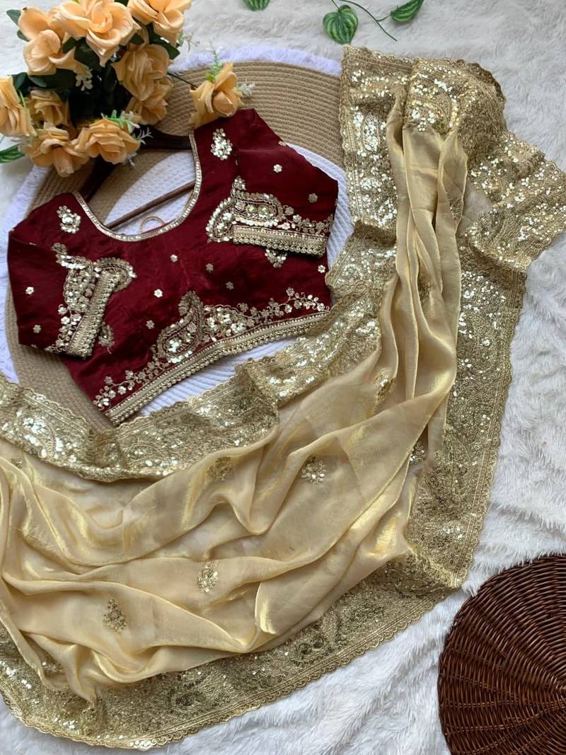 Cream Color embroidery And  sequence Work Satin Saree