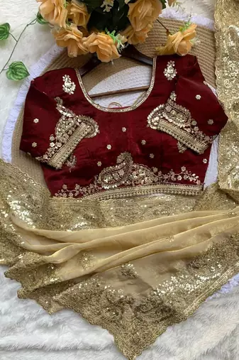 Cream Color embroidery And  sequence Work Satin Saree