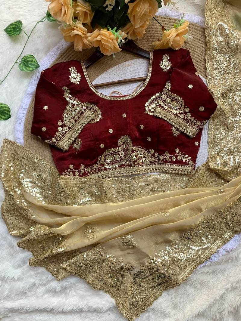 Cream Color embroidery And  sequence Work Satin Saree