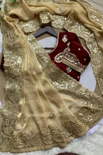 Cream Color embroidery And  sequence Work Satin Saree