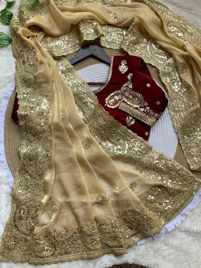 Cream Color embroidery And  sequence Work Satin Saree