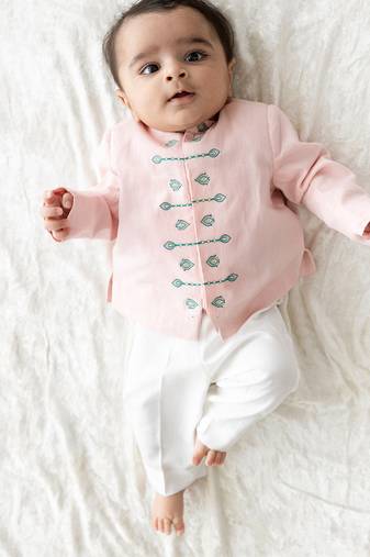 Pink embroidered viscose bandhgala Set