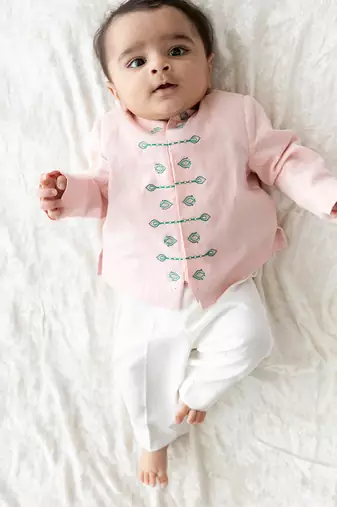 Pink embroidered viscose bandhgala Set