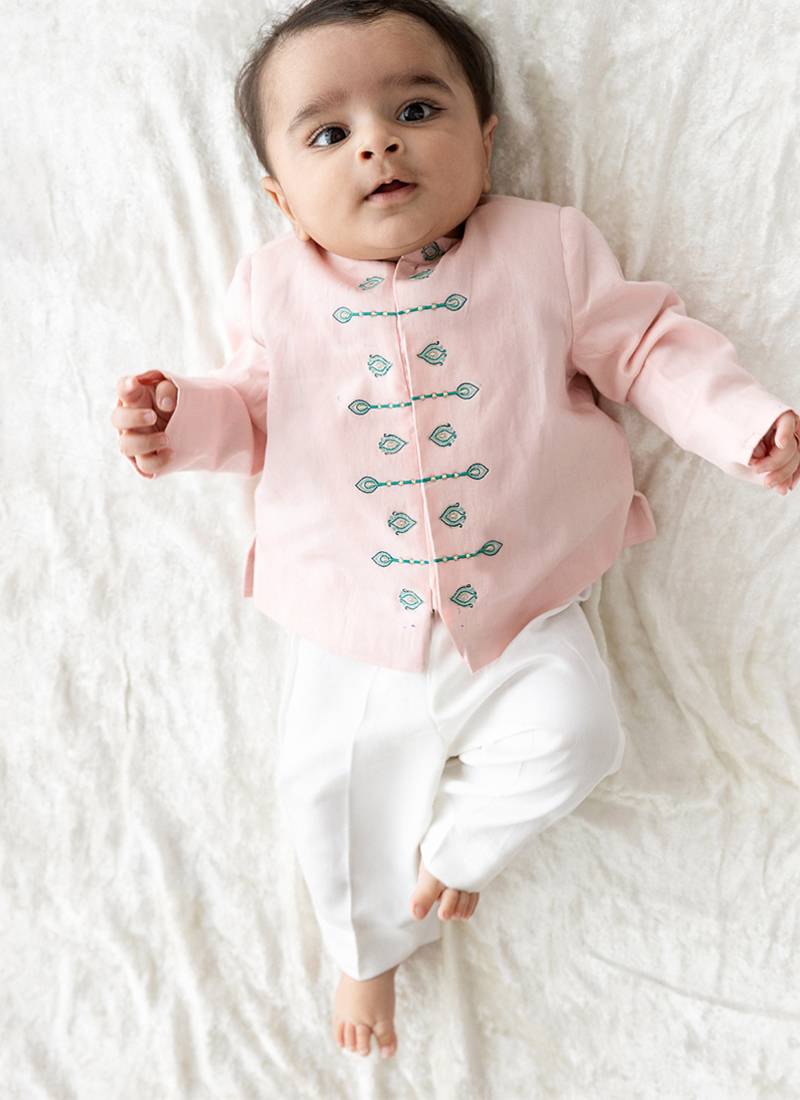 Pink embroidered viscose bandhgala Set