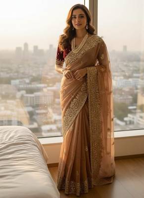 Peach Color embroidery And  sequence Work Satin Saree 1
