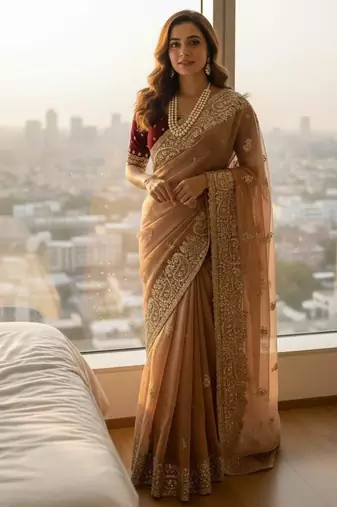 Peach Color embroidery And  sequence Work Satin Saree