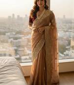 Peach Color embroidery And  sequence Work Satin Saree