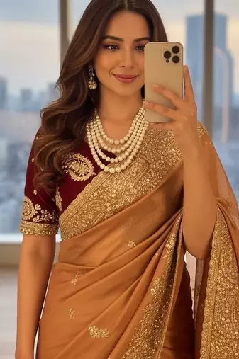 Peach Color embroidery And  sequence Work Satin Saree
