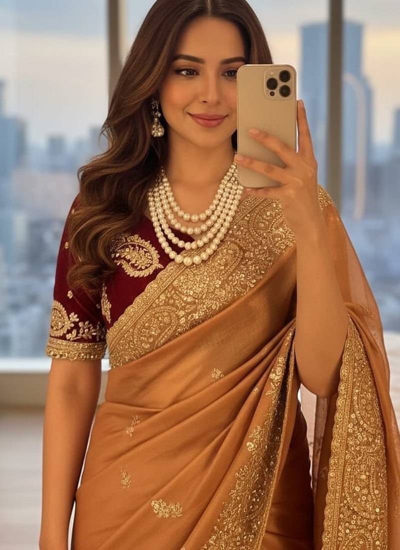 Peach Color embroidery And  sequence Work Satin Saree