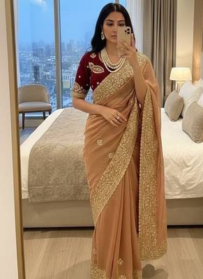Peach Color embroidery And  sequence Work Satin Saree 3