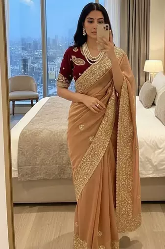 Peach Color embroidery And  sequence Work Satin Saree