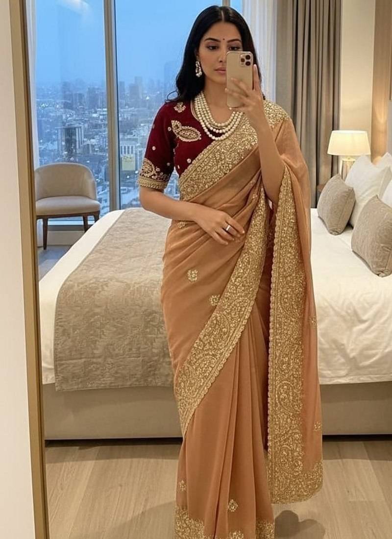 Peach Color embroidery And  sequence Work Satin Saree