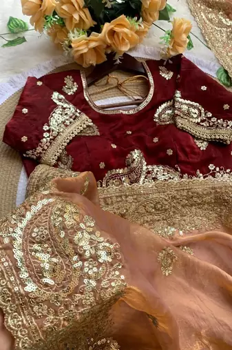 Peach Color embroidery And  sequence Work Satin Saree