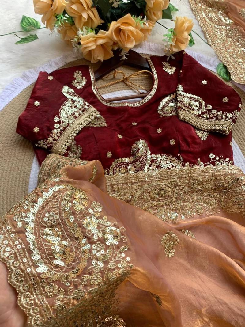 Peach Color embroidery And  sequence Work Satin Saree