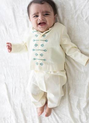 Cream embroidered viscose bandhgala Set 1