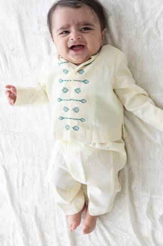 Cream embroidered viscose bandhgala Set