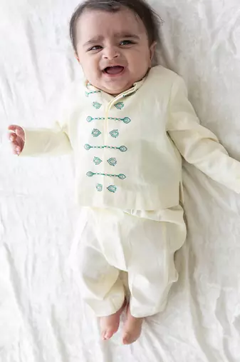 Cream embroidered viscose bandhgala Set
