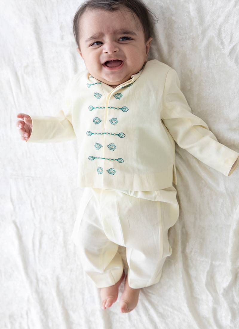 Cream embroidered viscose bandhgala Set