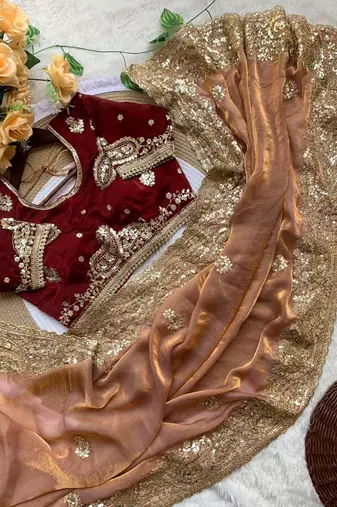 Peach Color embroidery And  sequence Work Satin Saree