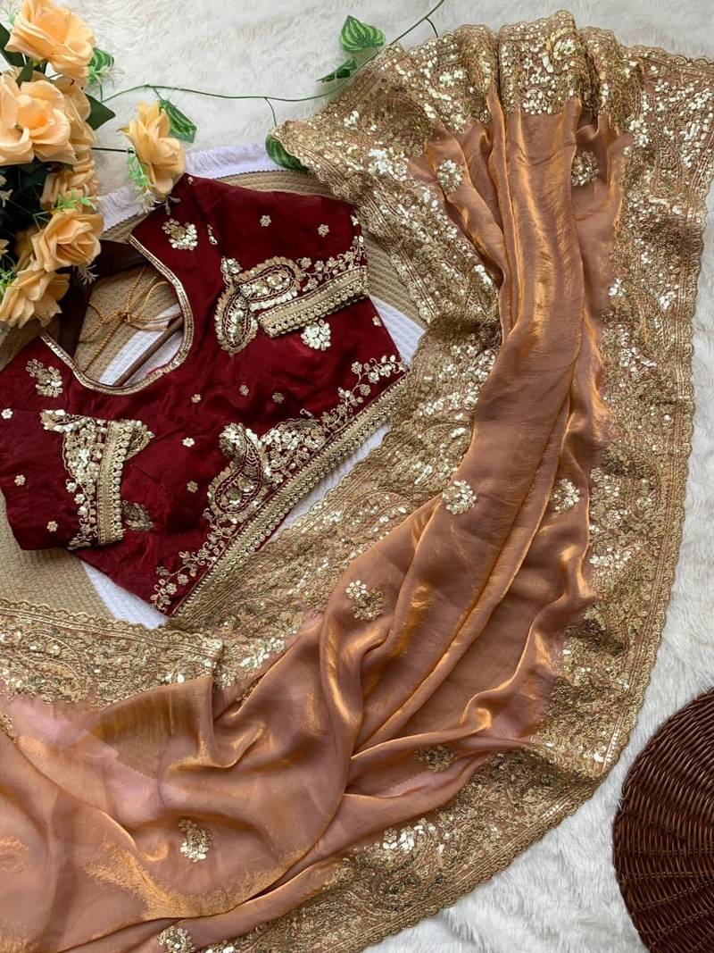 Peach Color embroidery And  sequence Work Satin Saree