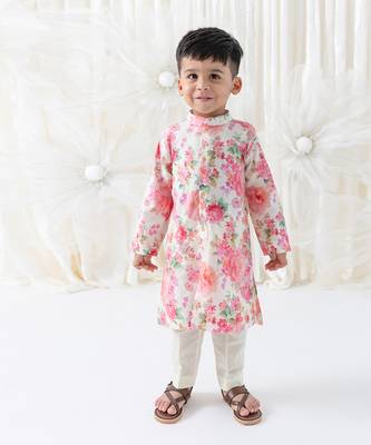 Cream floral printed cotton kurta set 1