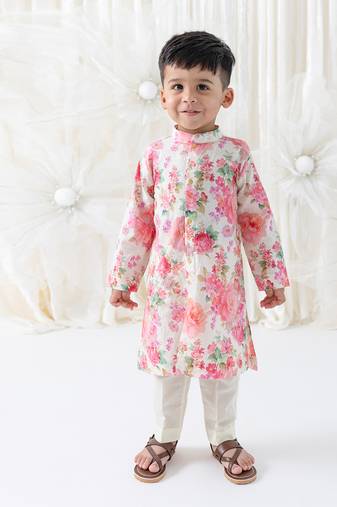 Cream floral printed cotton kurta set