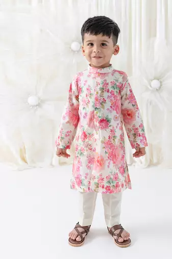 Cream floral printed cotton kurta set