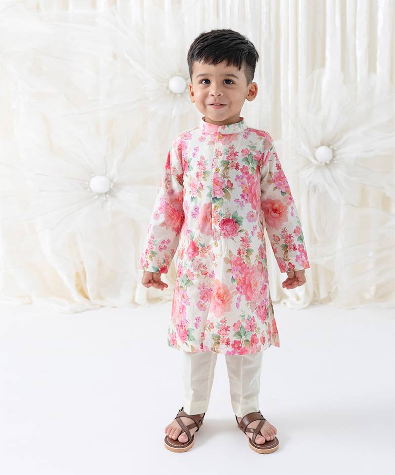 Cream floral printed cotton kurta set