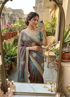 Teal Color embroidery And sequence Work Chiffon Saree 2