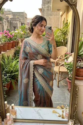Teal Color embroidery And sequence Work Chiffon Saree