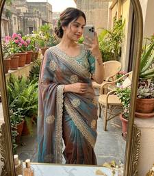 Teal Color embroidery And sequence Work Chiffon Saree