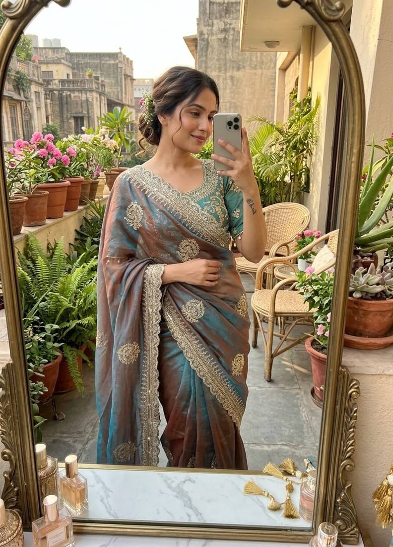 Teal Color embroidery And sequence Work Chiffon Saree