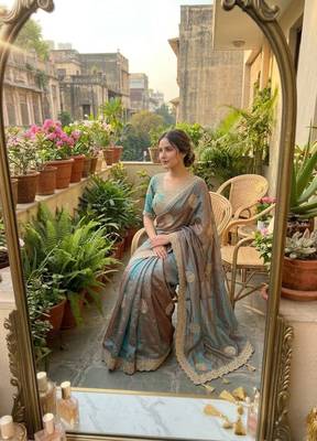 Teal Color embroidery And sequence Work Chiffon Saree 1