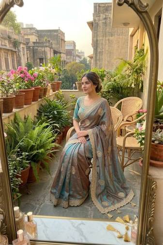 Teal Color embroidery And sequence Work Chiffon Saree