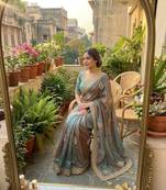 Teal Color embroidery And sequence Work Chiffon Saree