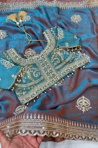 Teal Color embroidery And sequence Work Chiffon Saree