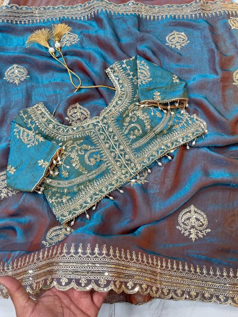 Teal Color embroidery And sequence Work Chiffon Saree