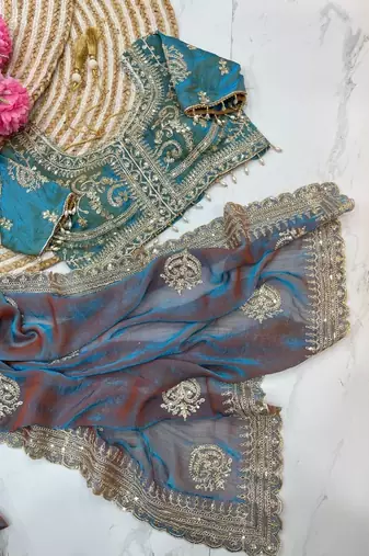Teal Color embroidery And sequence Work Chiffon Saree