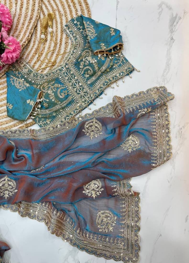 Teal Color embroidery And sequence Work Chiffon Saree