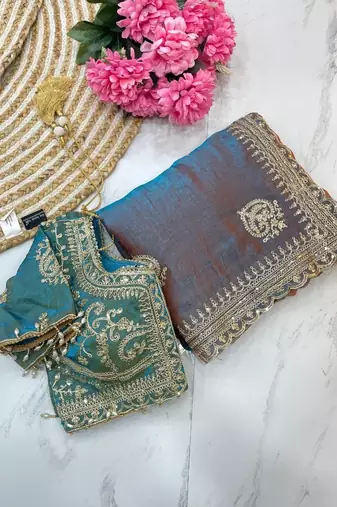 Teal Color embroidery And sequence Work Chiffon Saree
